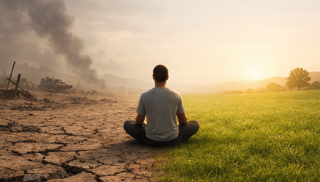 Woman sitting peacefully with eyes closed, finding inner peace and mental ceasefire